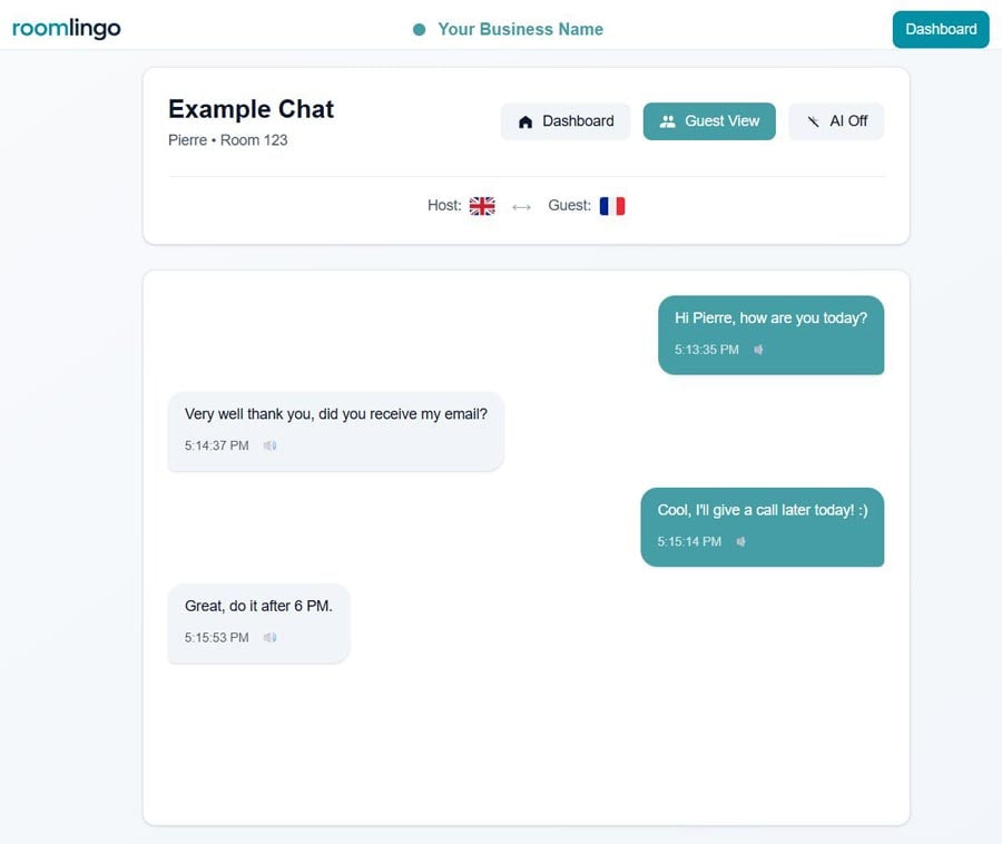 Host chat interface showing English conversation